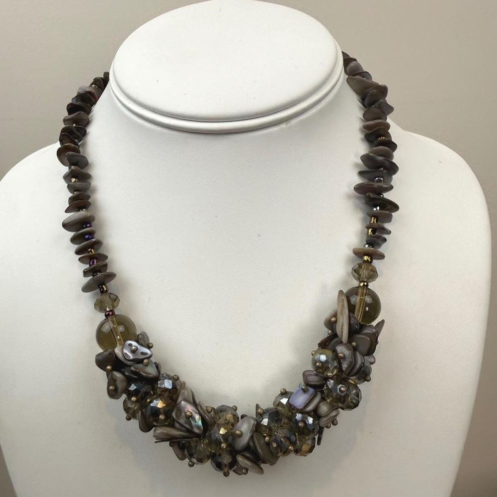 Mother of Pearl‎ Crystal Necklace Shell Bib Statement Earthy Cluster Design